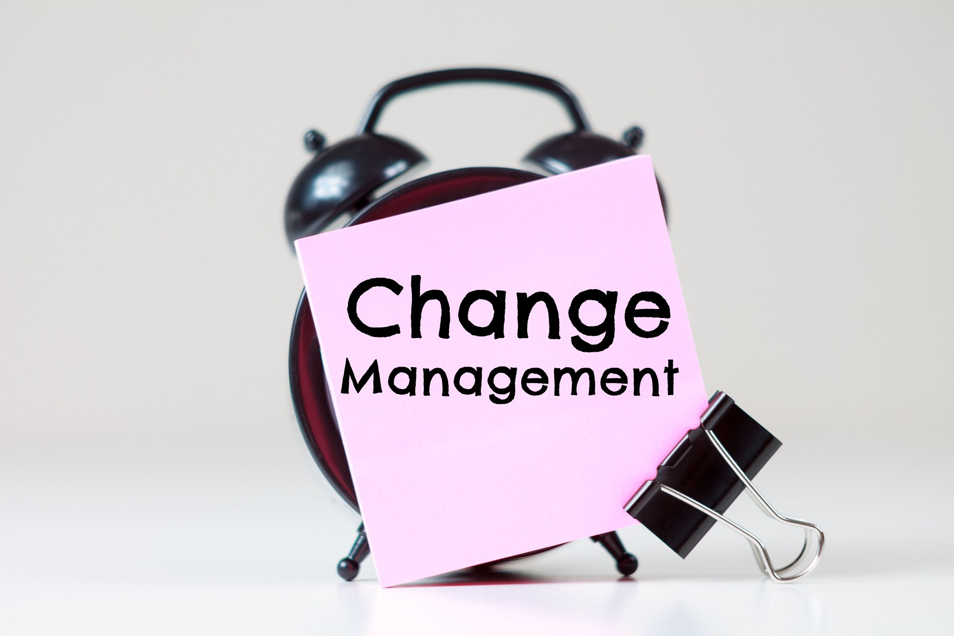 Change Management text on a sticker for reminders with an alarm clock